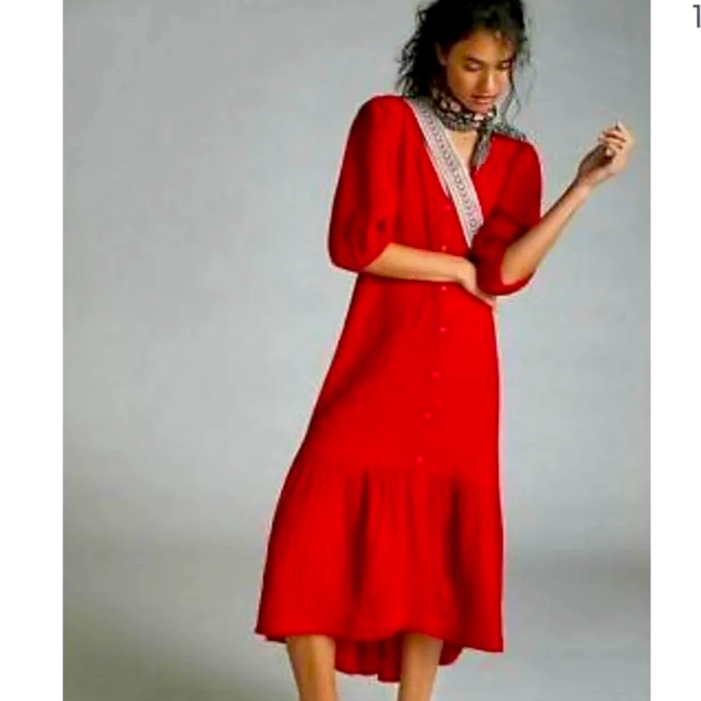 Maeve by anthropologie red button down float midi dress.